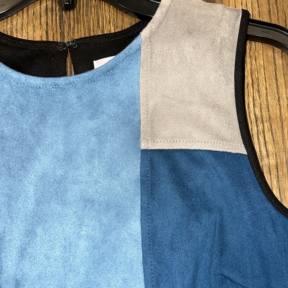 Spense Patchwork Dress 4 Denim Blue Grey Faux Suede Sheath Vtg Stretch Boho 90s - Picture 10 of 13